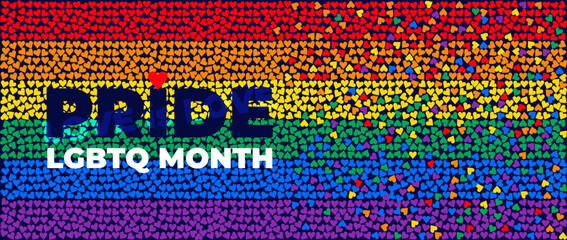 Set of colored hearts banner logo lgbtq pride month with rainbow. Pride flag of hearts. Background with LGBTQ Pride colours. Vector symbol of pride month june support. Isolated on black background.