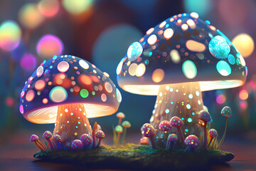 adorable toadstools, psychedelic art, neon glow, bokeh