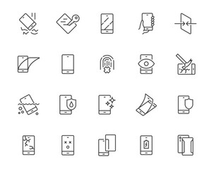 Phone shield protect line icon set. Smartphone single glass scratch protect screen accessory vector line icon.