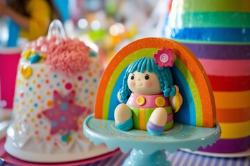 Fototapeta na wymiar The children's cake with colors, figures and miniatures of characters that are part of the children's world. Flowers, bows and charm for girls. While for the boys, color and action-packed characters.