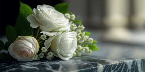 Bouquet of flowers on cemetery , funeral concept. Generative AI