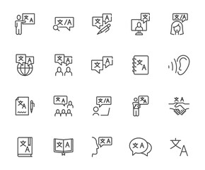Learn foreign language vector line icon set. Chinese glossary dialogue japanese concept international conversation icon.