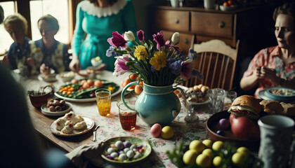 "Easter Brunch Festivities" - a festive and colorful wallpaper background featuring an image of a delicious Easter brunch with floral accents and family togetherness, Generative AI