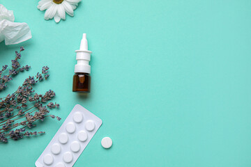 Nasal drops with pills, flowers and tissue on color background. Seasonal allergy concept
