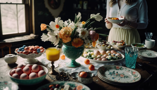 "Easter Brunch Festivities" - a festive and colorful wallpaper background featuring an image of a delicious Easter brunch with floral accents and family togetherness, Generative AI