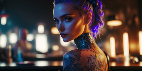 beautiful tattoo girl, purple hair, flirty gaze in a cozy bar