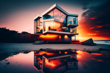 Prefab House at Beach on sunset. Suburban Townhouse near ocean. California beach home at sea. Coastal Modular luxury apartments, Modern beach home on sunset. Villa by sea, AI Generative Illustration.