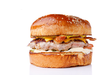 American Burger with marbled beef and cheese and iceberg lettuce
 on white background for restaurant website menu