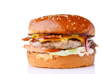 American Burger with marbled beef and cheese and iceberg lettuce
 on white background for restaurant website menu1