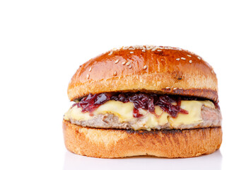 royal burger with beef cutlet, truffle honey, marmalade, emmental, white bun
on white background for restaurant website menu
