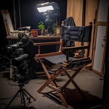 film director room with chair, light and professional camera with wooden furniture AI generated