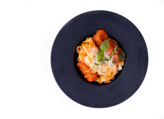 pasta with salmon on white background for restaurant menu