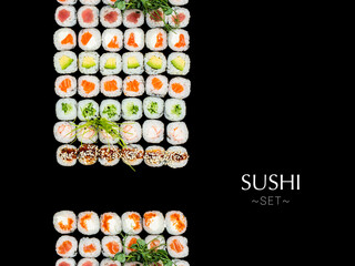 Many Japanese Maki sushi roll pieces isolated on black background. Large set with salmon, tuna, shrimp, avocado, cucumber with micro greens on top. Ready banner concept with text, copy space