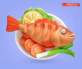 Grilled fish with vegetables. 3d cartoon vector icon