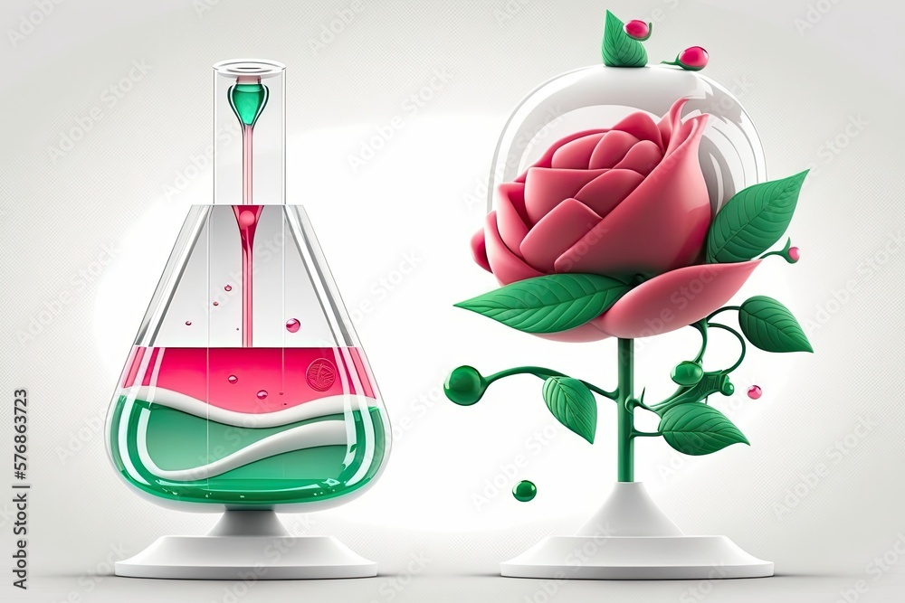 Poster Cosmetic oil or serum in a dropper glass container on a minimal pedestal with a pink rose and a molecule. Generative AI