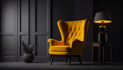 room with yellow armchair on black background made with generative AI