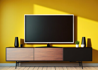 TV on cabinet in living room on yellow background made with generative AI