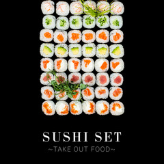 Variety of Japanese Maki sushi roll pieces isolated on black background. Large set with salmon, tuna, shrimp, avocado, cucumber with micro greens on top. Ready banner concept with text, copy space