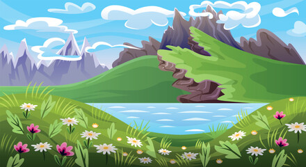 Fototapeta na wymiar Mountain valley with lake. Beautiful landscape with rocks, cliffs, green meadow with blooming wild flowers and lake or river. Nature or environment. Organic panorama. Cartoon flat vector illustration