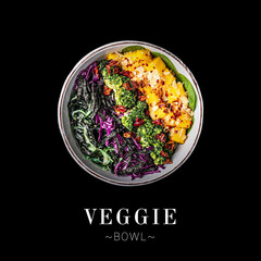 Top view of Veggie poke bowl isolated on black background. Ready square menu banner with text and...