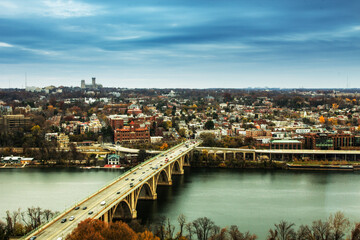 Fototapeta na wymiar Francis Scott Key Bridge through Potomac River to Georgetown Washington DC