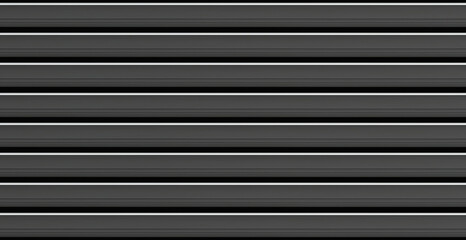 Gray metal construction horizontal lines texture. Realistic black striped metal wall. Seamless pattern stainless steel planks. Plastic siding grey background. Dark corrugated metal sheet, front view