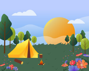 Camping. Tent, fire and accessories for country rest. Scenery. Vector drawing. For books and brochures, covers, web pages and social networks, flyers and advertisements.