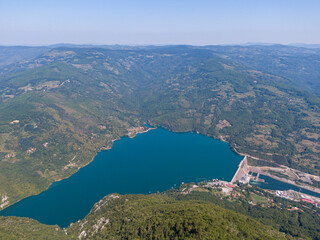 Fototapeta na wymiar Air view on hydroelectric power station on Drina river