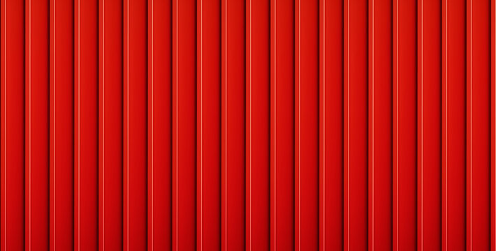 Red grooved metal wall texture. Striped iron fence seamless pattern. Plastic home siding background. Vertical line roofing sheet surface top view. Industrial metallic sea container 3d shape front side