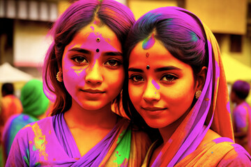 Holi festival. Indian girls (sisters) sprinkled with colorful bright colors on the background of the city square with people. Generative AI. Art.