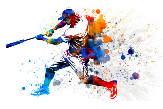 Baseball Player with multicolored paint splash, isolated on white background. Neural network AI generated art