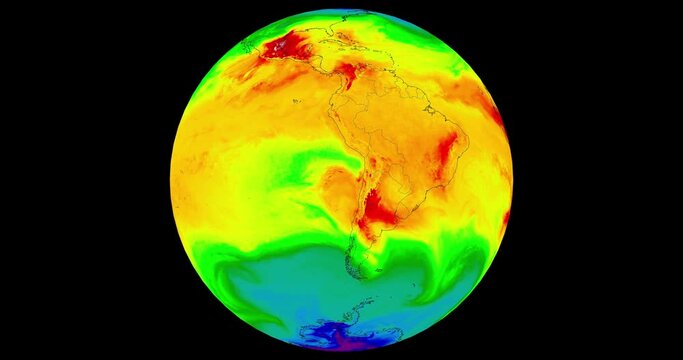 Temperatures in South America, temperatures are shown in different color tones, with warmer colors indicating higher temperatures, cooler colors indicating lower temperatures