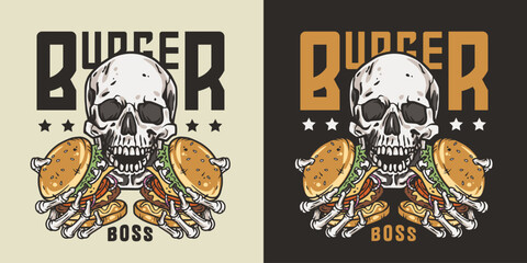 Obraz premium Burger in skeleton hands. American fast food or USA food with skull, bones and burger with meat, cheese and vegetable for logo or poster