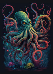 Obraz premium illustration of fearsome giant octopus with enormous and infinite tentacles