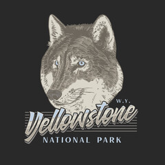 HAND DRAWN WOLF WILDLIFE OUTDOORS YELLOWSTONE NATIONAL PARK VINTAGE TSHIRT TEE PRINT FOR APPAREL MERCHANDISE