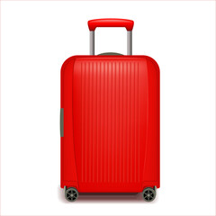 Realistic red wheeled travel bag with hand. Plastic travel suitcase. 3d illustration isolated on white background. Vector illustration.