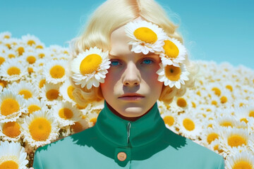 Beautiful blonde girl with daisy flowers on her face and a field of flowers behind her. Spring. Illustration, Generative AI