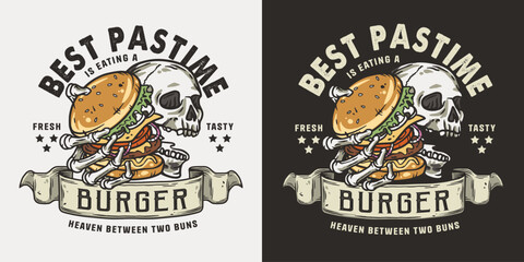 Fototapeta premium Burger in skeleton hands. American fast food or USA food with skull, bones and burger with meat, cheese and vegetable for logo or poster