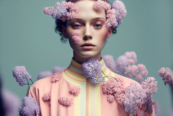 Abstract portrait of a beautiful girl with natural pink and light blue flowers in her hair and on her clothes, in front of a light blue wall. Spring. Illustration. Generative AI