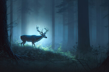 deer in the night,deer in the forest,deer in the woods,star,shine