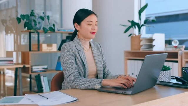Laptop, typing and asian business woman in office online research, email marketing or digital management software. Professional worker, employee or person working fast on keyboard in internet career