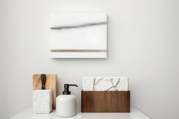 Soap, a body brush made of wood, and a straw box all rest on a white marble shelf in the foreground of a bathroom decorated with white wall tiles. Perspective looking forward. Blanket Room for Duplica