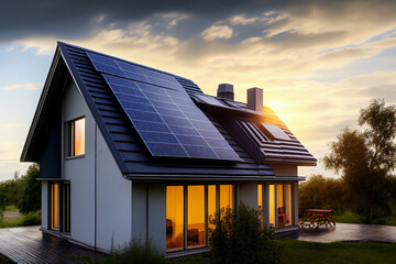Solar panel on roof house. Home with solar panels on roof. Modern house interior. Tanunhouses and residential buildings houses with solar panels on roof. Solar photovoltaic systems. Ai Generative. - obrazy, fototapety, plakaty