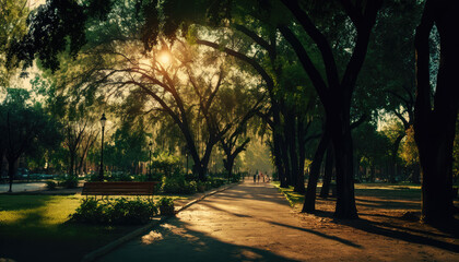 "Serene City Park at Golden Hour" - a tranquil and idyllic wallpaper background featuring a city park with lush greenery, natural beauty, and a serene atmosphere during golden hour