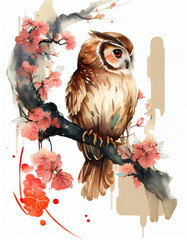 Beautiful Owl Japanese Style Watercolor Illustration Logo. Generative AI