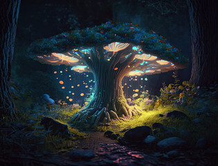 An enchanted forest with a massive tree at the center, glowing mushrooms and fireflies lighting up the surrounding flora and fauna, enchanted, forest, massive tree, glowing mushrooms, fireflies, light
