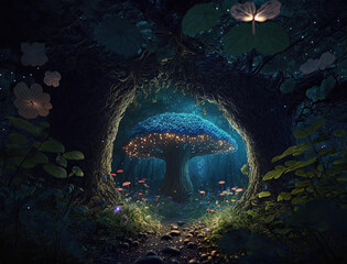 Fototapeta na wymiar An enchanted forest with a massive tree at the center, glowing mushrooms and fireflies lighting up the surrounding flora and fauna, enchanted, forest, massive tree, glowing mushrooms, fireflies, light