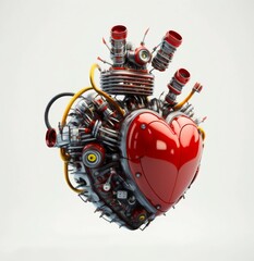 Robot mechanical red heart isolated on white background. Generative AI