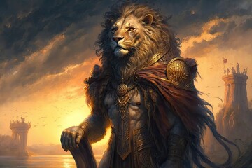 Fototapeta premium Lion standing in front of a sunset as a warrior . Generative AI