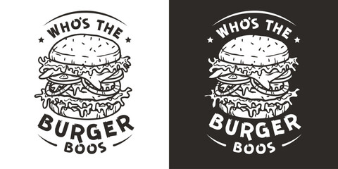 Retro burger with meat, cheese and vegetable for logo or emblem. American fast food or hamburger. USA food with bun, lettuce and cutlet for cafe or restaurant.